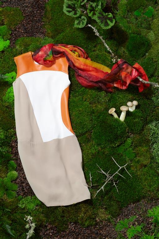 RAOUL color block leather dress in pumpkin & khaki, $495. ME & KASHMIERE serenity print scarf, $175.